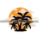 Surfing Nature Beach Pal Tree Color Vector Summer Surf Ocean Tropical Wave Design Element Vacation Travel Sea Surfboard Palm Paradise Island Surfer Hawaii Nature Sun Sunset Clipart SVG