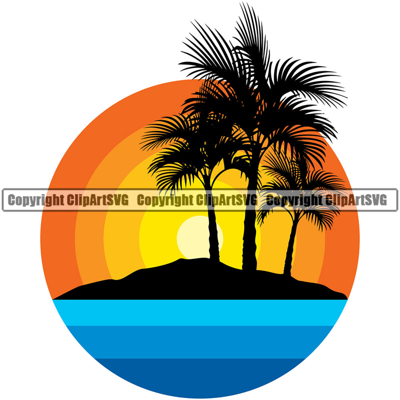 Surfing Nature Beach Pal Tree Island Summer Surf Ocean Tropical Wave Sunset Logo Vacation Travel Sea Surfboard Design Element Palm Paradise Island Surfer Hawaii Nature Sun Sunset Clipart SVG