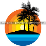 Surfing Nature Beach Pal Tree Island Summer Surf Ocean Tropical Wave Sunset Logo Vacation Travel Sea Surfboard Design Element Palm Paradise Island Surfer Hawaii Nature Sun Sunset Clipart SVG