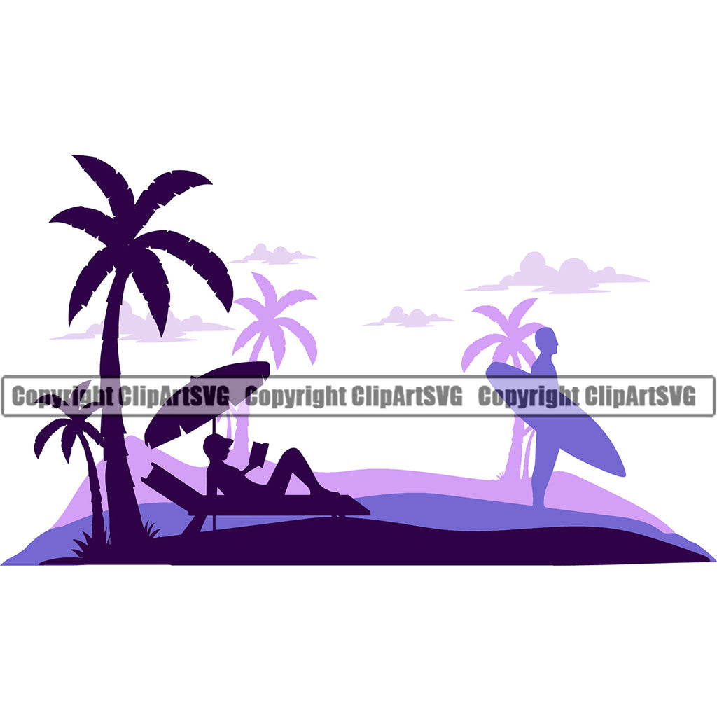 Surfing nature Beach Summer Color White Background Surf Ocean Tropical Wave Design Element Vacation Travel Sea Surfboard Palm Paradise Island Surfer Hawaii Nature Sun Sunset Clipart SVG