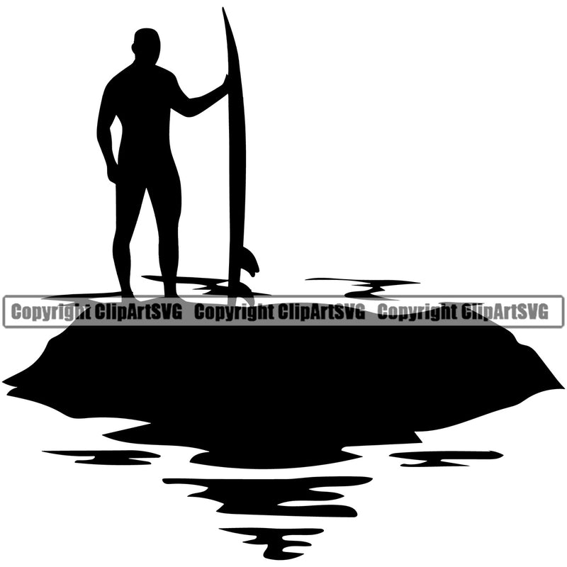 Surfing Nature Beach Man Silhouette Design Element Summer Surf Ocean Tropical Wave Vacation Travel Sea Surfboard Palm Paradise Island White Background Surfer Hawaii Nature Sun Sunset Clipart SVG