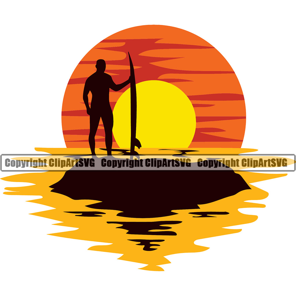 Surfing Nature Beach Summer Logo Surf Ocean Tropical Wave Vacation One Man Standing Design Element Travel Sea Surfboard Palm Paradise White Background Island Surfer Hawaii Nature Sun Sunset Clipart SVG