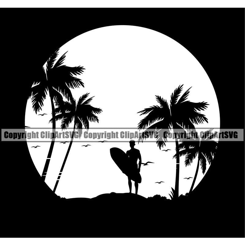 Nature Beach Surfing Logo Summer Surf Ocean Tropical Wave Black Background Design Element Vacation Travel Sea Surfboard Palm Paradise Island Surfer Hawaii Nature Sun Clipart SVG