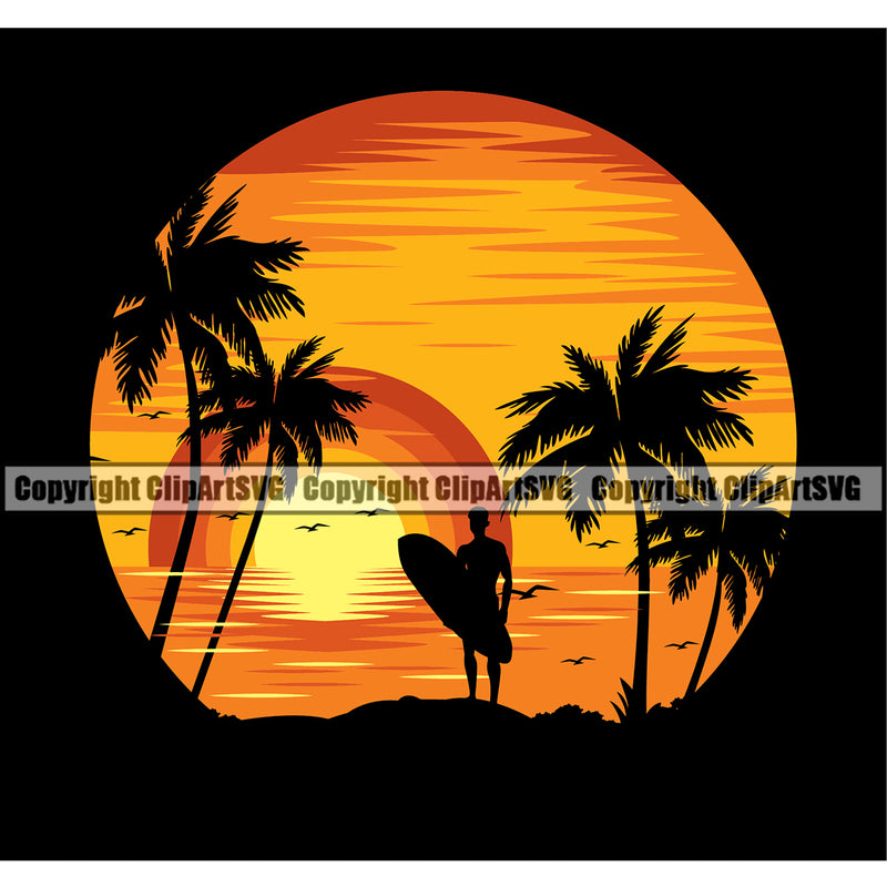 Nature Beach Surfing Man Color Logo Summer Surf Ocean Tropical Wave Black Background Vacation Travel Sea Design Element Surfboard Palm Paradise Island Vector Surfer Hawaii Nature Sun Sunset Clipart SVG