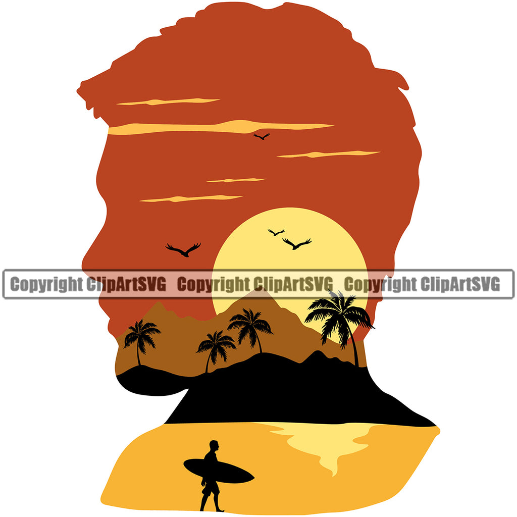 Nature Beach Surfing Man Silhouette Logo Summer Surf Ocean Tropical Wave Color Design Element Vacation Travel Sea Surfboard Palm Paradise Island Surfer Hawaii Nature Sun Sunset Clipart SVG