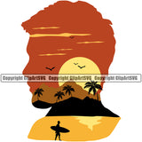 Nature Beach Surfing Man Silhouette Logo Summer Surf Ocean Tropical Wave Color Design Element Vacation Travel Sea Surfboard Palm Paradise Island Surfer Hawaii Nature Sun Sunset Clipart SVG