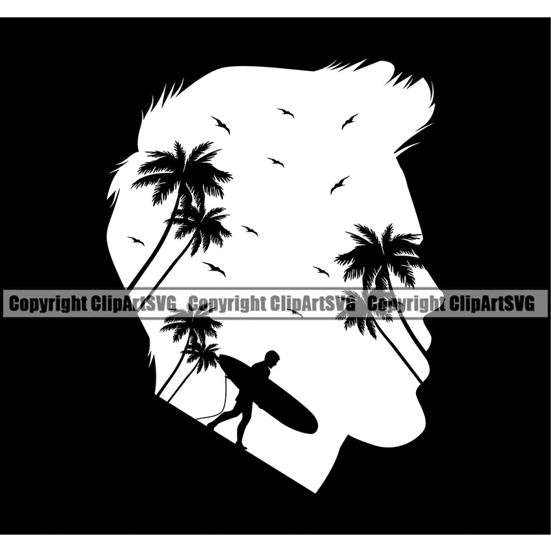 Nature Beach Surfing Man Head Design Element Summer Surf Ocean Tropical Wave Black Background Vacation Island Surfer Hawaii Nature Sun Sunset Travel Sea Surfboard Palm Paradise Clipart SVG