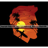 Surfing Nature Beach Man Head Design Element Summer Island Surfer Hawaii Nature Sun Sunset Black Background Surf Ocean Tropical Wave Vacation Travel Sea Surfboard Palm Paradise Clipart SVG