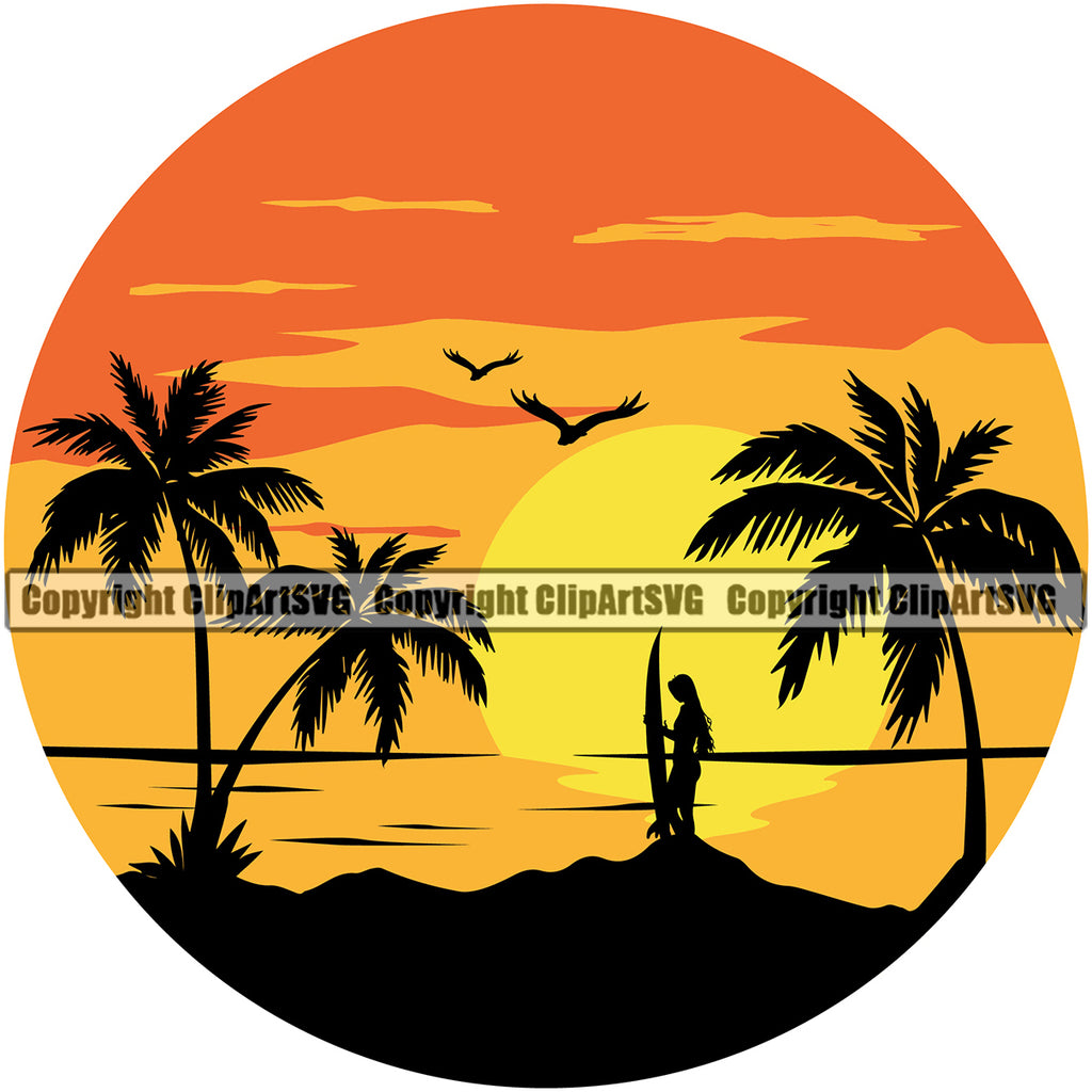 Beach Surfing Woman Summer Surf Ocean Color Logo Vector White Background Tropical Wave Vacation Travel Sea Design Element Surfboard Palm Paradise Island Surfer Hawaii Nature Sun Sunset Clipart SVG