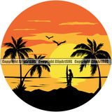 Beach Surfing Woman Summer Surf Ocean Color Logo Vector White Background Tropical Wave Vacation Travel Sea Design Element Surfboard Palm Paradise Island Surfer Hawaii Nature Sun Sunset Clipart SVG