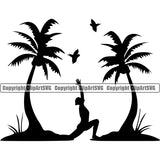 Surfing Nature Beach Yoga Position White Background Summer Surf Ocean Tropical Design Element Wave Vacation Travel Hawaii Nature Sun Sunset Sea Surfboard Palm Paradise Island Surfer Clipart SVG