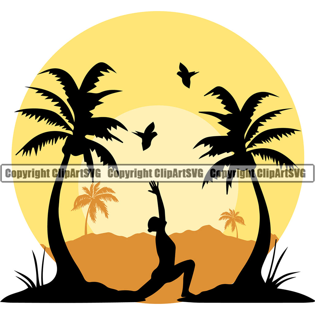 Surfing Nature Beach Yoga Position Summer Surf Ocean Color Design Element Tropical Wave Vacation Travel Sea Surfboard White Background Palm Paradise Island Surfer Hawaii Nature Sun Sunset Clipart SVG