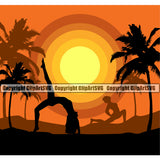 Surfing Nature Beach Yoga Summer Surf Ocean Tropical Color Design Element Wave Vacation Travel Sea Surfboard Palm Vector Paradise Island Surfer Hawaii Nature Sun Sunset Clipart SVG