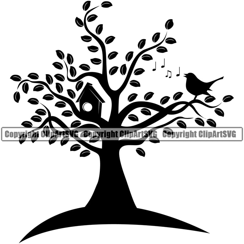 Nature Tree Bird Singing Birdhouse Music Note Vector Design Element Green Landscape Landscaping Landscaper Forest Foliage Leaf Summer Plant Garden Gardener Outdoor Spring Botany Clipart SVG
