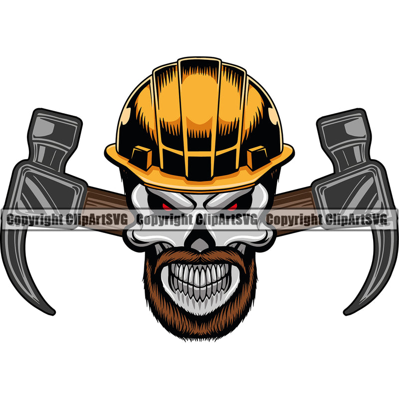 Skull Skeleton Construction Helmet Hard Hat Beard Contractor Hammer Behind Half Repair Build Fix Builder Service Logo Color Clipart SVG