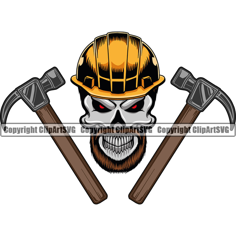 Skull Skeleton Construction Helmet Hard Hat Beard Contractor Hammer Side Repair Build Fix Builder Service Logo Color Clipart SVG