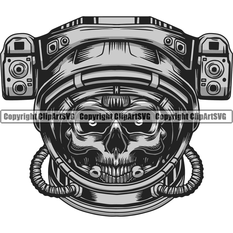 Skull Skeleton Wearing Astronaut Helmet Hat Logo Design Element Black And White Astronaut Science Technology Space Shuttle Spaceman Planet Spaceship Spacesuit Scifi Sci-Fi Art Clipart SVG
