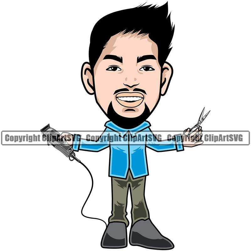 Barber Cartoon Man Big Head Barber shop Color Hairdresser Professional Classic Style Haircut Hairstyle Hairstylist Beauty Salon Beard Shave Shaving Groom Design Element Retro Vintage Business Company Logo Clipart SVG