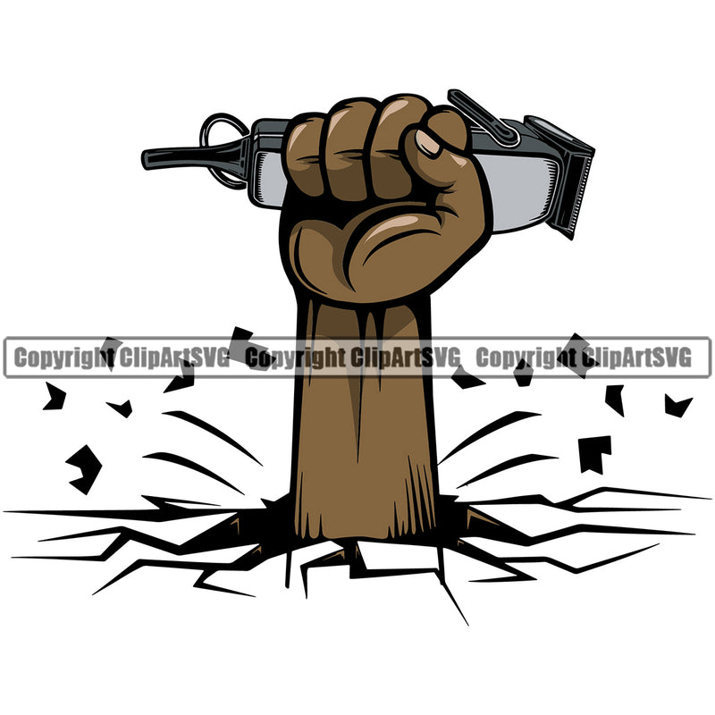 Barber Hand Holding Hair Clippers Occupation Razor Shop Barbershop Hair Break Color Hand Black African American Haircut Hairstyle Hairstylist Beauty Salon Beard Shave Shaving Groom Design Element Retro Vintage Business Company Logo Clipart SVG