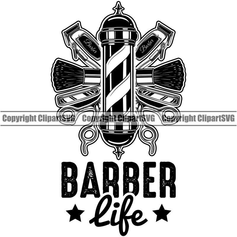 Barber Life With Text Occupation Clippers Clipper Beauty Salon Beard Shave Shaving Groom Grooming Design Element Retro Vintage Business Company Logo Razor Shop Barbershop Hair Cut Hairdresser Haircut Hairstyle Hairstylist Clipart SVG