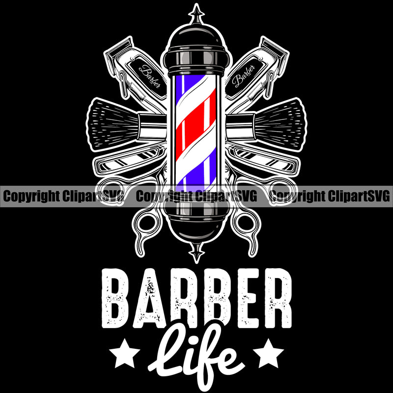 Barber Life With Color Text Occupation Clippers Clipper Razor Vintage Business Company Logo Barbershop Hair  Haircut Hairstyle Hairstylist Beauty Salon Beard Shave Shaving Groom Grooming Design Element Retro Clipart SVG