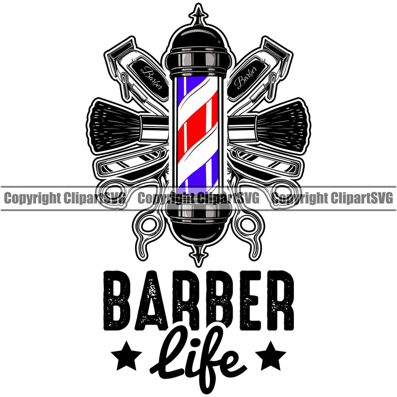 Barber Life With Text Occupation Clippers Clipper Razor Barbershop Hair Haircut Hairstyle Hairstylist Beauty Salon Beard Shave Shaving Groom Grooming Design Element Retro Vintage Business Company Logo Clipart SVG
