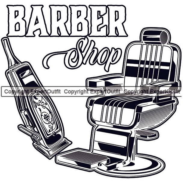 Barber Shop With Text Design Chair Occupation Clippers Razor Shop Barbershop Hair Cut Hairdresser Haircut Hairstyle Hairstylist Beauty Salon Beard Shave Shaving Grooming Element Retro Vintage Business Company Logo Clipart SVG