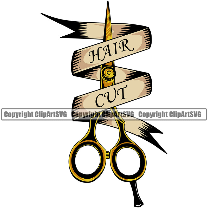 Barber Hair Cut With Text Golden Scissors Shears Occupation Clippers Razor Barbershop Hair Cut Hairdresser Haircut Hairstyle Hairstylist Beauty Salon Beard Shave Shaving Groom Design Element Retro Vintage Business Company Logo Clipart SVG