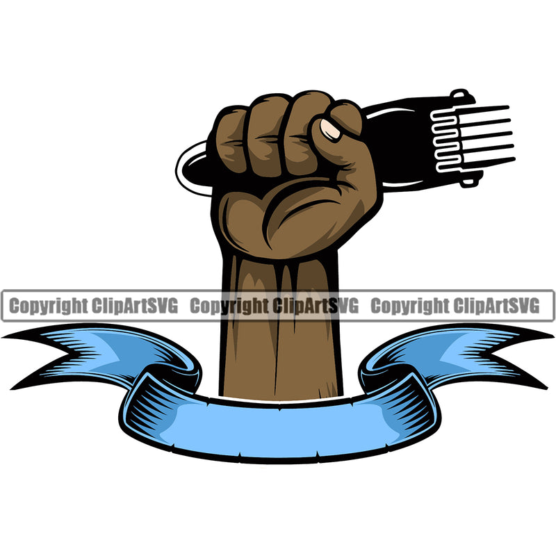 Barber Hand Holding Hair Clippers Occupation Clippers Black African American Hand Power Arm Rib Razor Hair Cut Hairstyle Hairstylist Salon Beard Shave Shaving Groom Grooming Design Element Retro Vintage Business Company Logo Clipart SVG