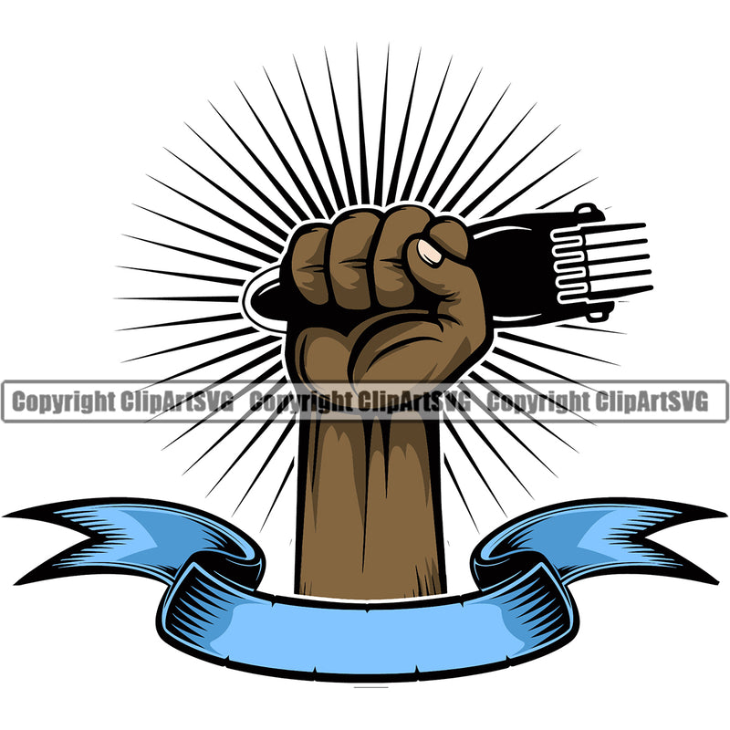 Barber Hand Holding Hair Clippers Design Element Occupation Black African American Hand Power Arm Sun Rib Shop Barbershop Hair Cut Hairstyle Hairstylist Beauty Salon Beard Shave Groom Grooming Design Element Vintage Business Company Logo Clipart SVG