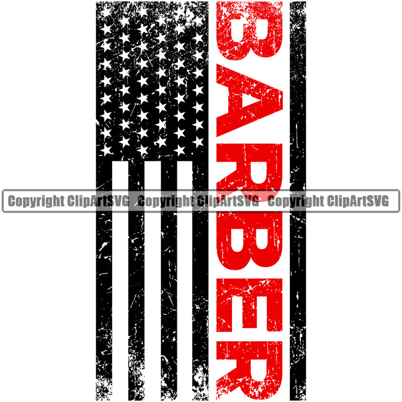Barber Occupation United States American Flag Text Red Vert Color White Color Clippers Clipper Razor Shop Barbershop Hair Cut Hairdresser Haircut Hairstyle Hairstylist Beauty Salon Beard Shaving Grooming Design Element Retro Business Logo Clipart SVG