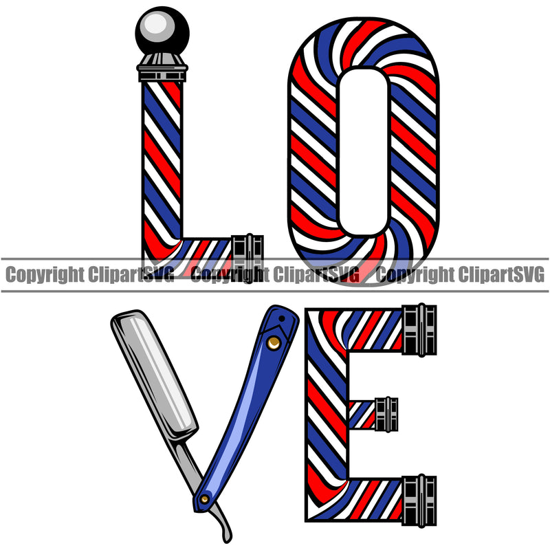 Barber Occupation Clippers Clipper Razor Shop Love Text Barbershop Hair Cut Hairdresser Haircut Hairstyle Hairstylist Beauty Salon Beard Shave Shaving Groom Grooming Design Element Retro Vintage Business Company Logo Clipart SVG