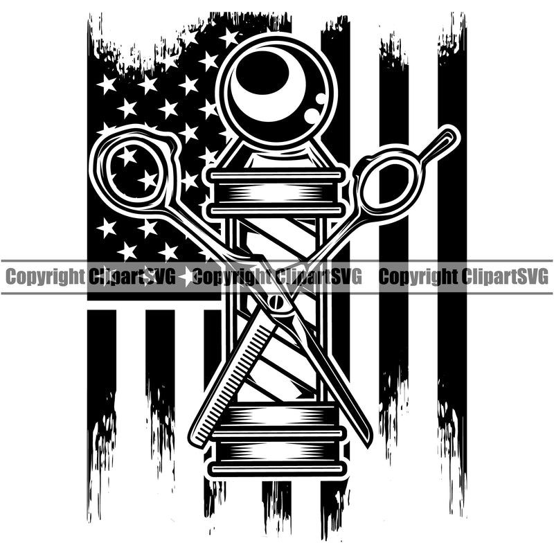 Barber Occupation USA Flag Clippers Clipper Razor Shop Barbershop Hair Cut Hairdresser Haircut Hairstyle Hairstylist Beauty Salon Beard Shave Shaving Groom Grooming Design Element Retro Vintage Business Company Logo Clipart SVG