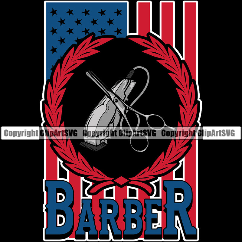 Barber Occupation Clippers Razor United States America American Flag Design Black Color Background Barbershop Hair Cut Hairdresser Haircut Hairstyle Hairstylist Beauty Salon Beard Shaving Groom Design Element Vintage Business Logo Clipart SVG
