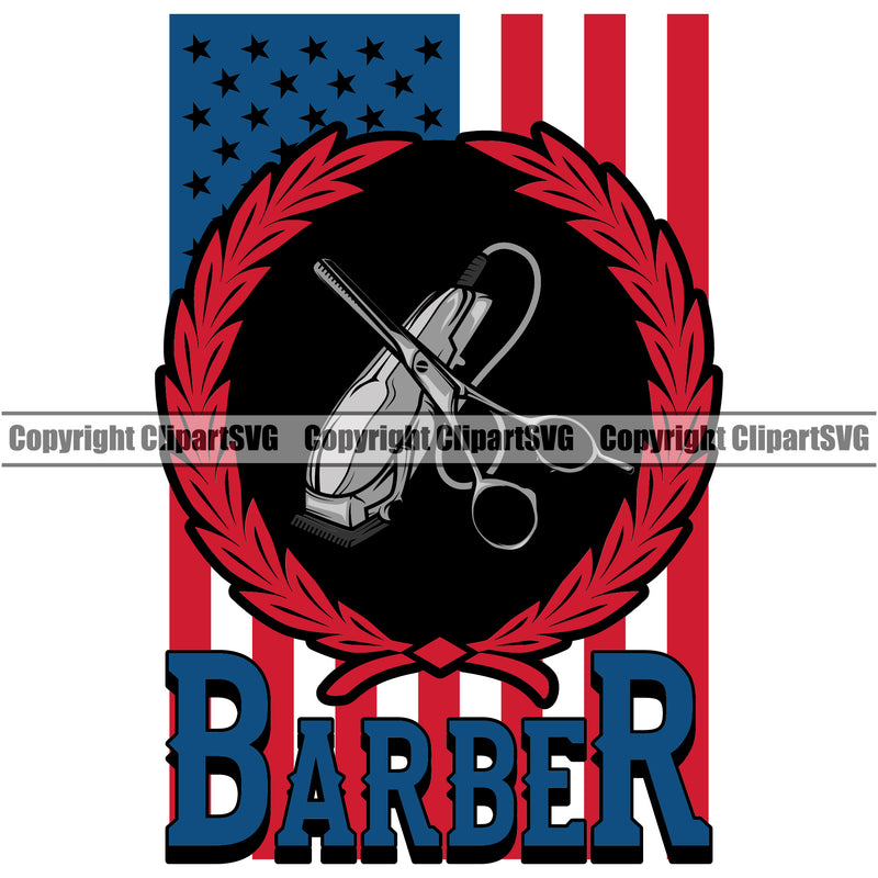 Barber Occupation Clippers Clipper United States America American Flag Design Barbershop Hair Cut Hairdresser Haircut Hairstyle Hairstylist Beauty Salon Beard Shave Shaving Groom Grooming Design Element Retro Vintage Business Company Logo Clipart SVG