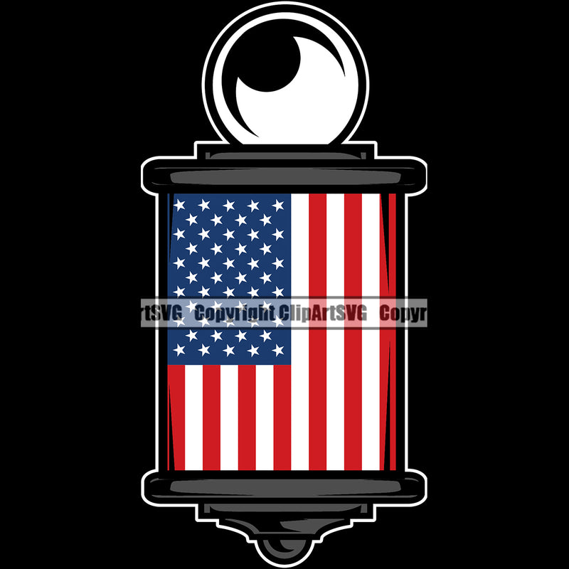 Barber United States America American Flag Occupation Clippers Pole Sign Clipper Razor Shop Hair Cut Black Background Hairdresser Haircut Hairstyle Hairstylist Beauty Salon Beard Shave Grooming USA Flag Design Element Vintage Business Logo Clipart SVG