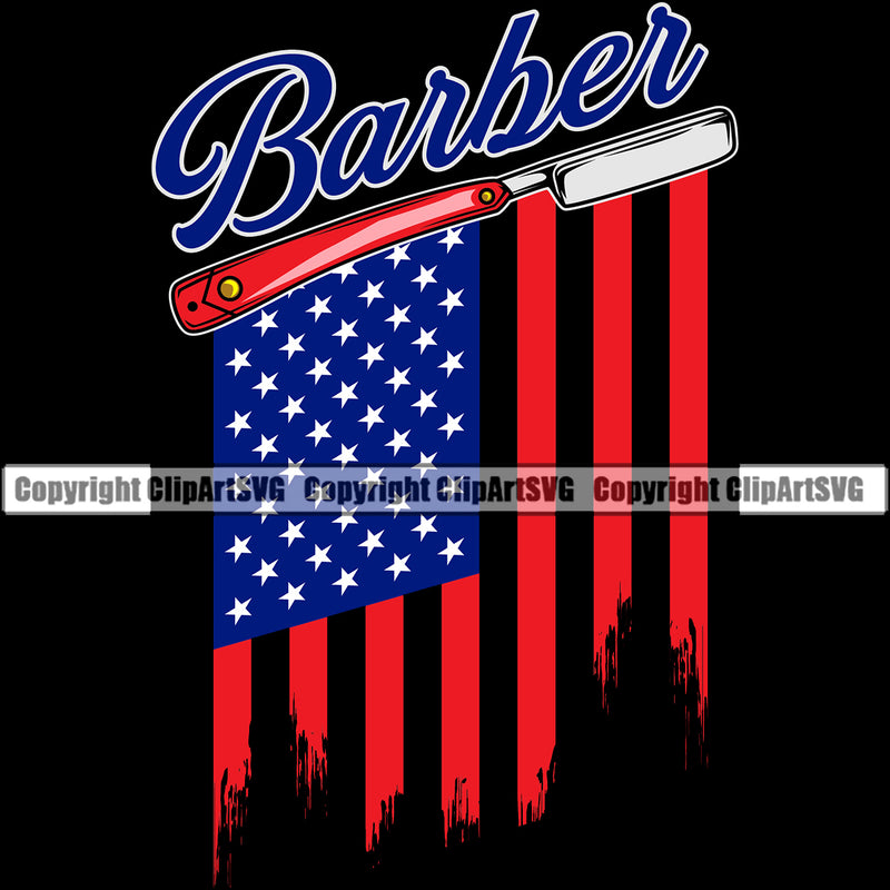 Barber United States America American Flag Design Occupation Clippers Razor Shop Barbershop Hair Cut Hairdresser Haircut Hairstyle Hairstylist Beauty Salon Beard Shave Shaving Groom Grooming Design Element Retro Vintage Business Company Logo Clipart SVG