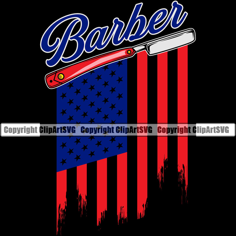 Barber Occupation Clippers Razor Shop United States America American Flag Black Color Background Barbershop Hair Cut Hairdresser Haircut Hairstyle Hairstylist Beauty Salon Beard Shave Shaving Grooming Design Element Retro Vintage Business Logo Clipart SVG