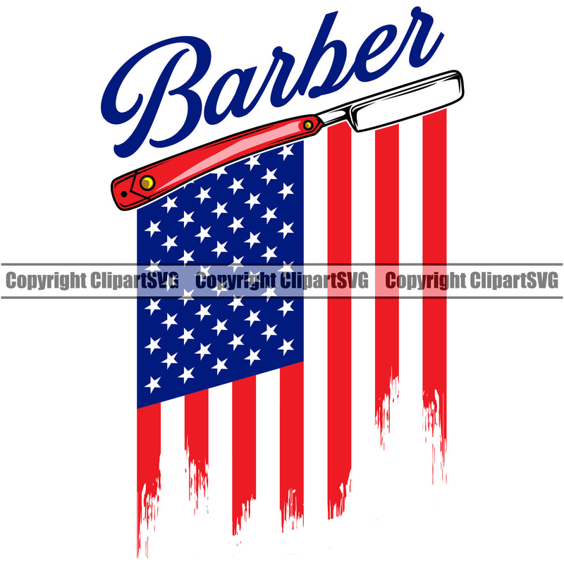 Barber Occupation Clippers Clipper Razor Shop United States America American Flag Hair Cut Hairdresser USA Flag Design Element Haircut Hairstyle Hairstylist Beauty Salon Beard Shave Shaving Groom Grooming Retro Vintage Business Company Logo Clipart SVG