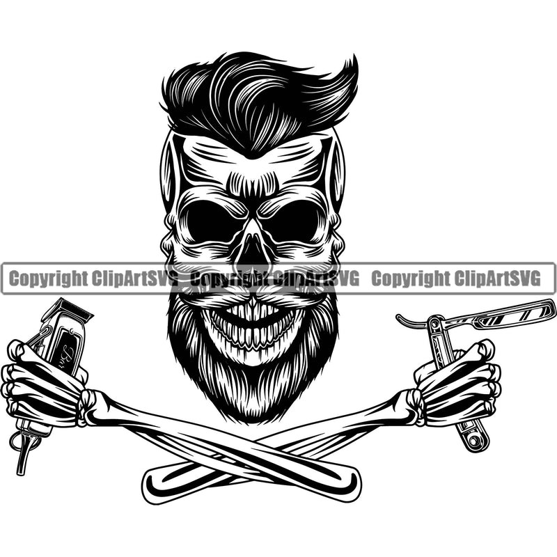 Barber Shop Barbershop Skull Skeleton Arms Hair Cut Hairdresser Haircut Hairstyle Hairstylist Beauty Salon Beard Shave Groom Grooming Design Element Vintage Business Company Logo Clipart SVG