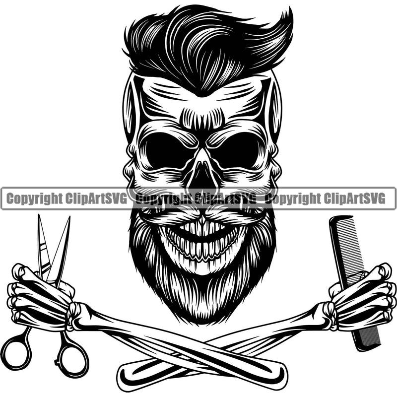 Barber Shop Barbershop Hair Cut Hairdresser Skull Skeleton Arms Design Element Hairstyle Hairstylist Beauty Salon Beard Shave Shaving Groom Grooming Design Element Retro Business Logo Clipart SVG