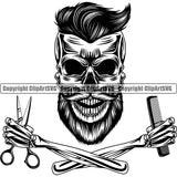 Barber Shop Barbershop Hair Cut Hairdresser Skull Skeleton Arms Design Element Hairstyle Hairstylist Beauty Salon Beard Shave Shaving Groom Grooming Design Element Retro Business Logo Clipart SVG