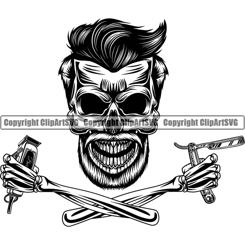 Barber Skull Skeleton Smile Face Barbershop Hair Cut Hairdresser Haircut Hairstyle Hairstylist Salon Shave Shaving Groom Grooming Design Element Retro Vintage Business Logo Clipart SVG