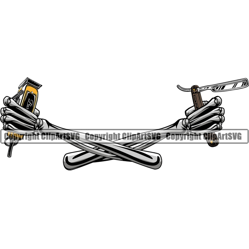 Barber Skull Skeleton Hand Holding Barbershop Hair Cut Hairdresser Haircut Hairstylist Beauty Salon Beard Shave Shaving Groom Design Element Retro Vintage Business Logo Clipart SVG