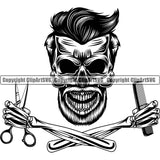 Barber Shop Barbershop Hair Cut Hairdresser Skull Skeleton Smile Face Haircut Hairstyle Hairstylist Beauty Salon Shave Groom Design Element Vintage Business Company Logo Clipart SVG