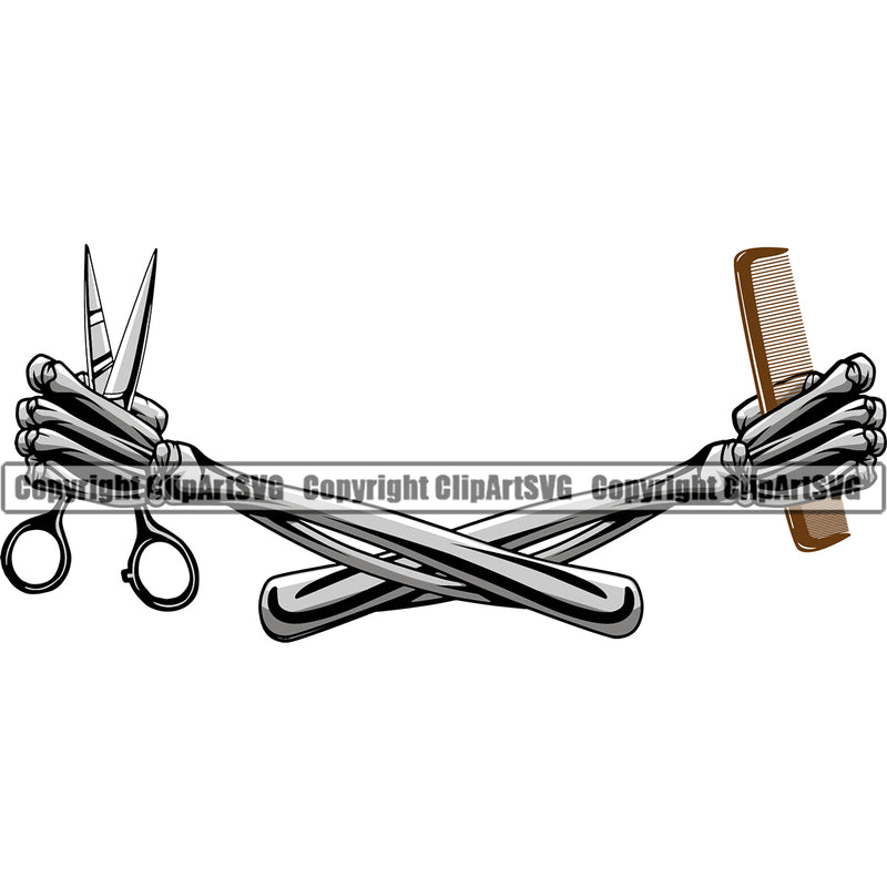 Barber Shop Barbershop Hair Cut Skull Skeleton Hand Holding Design Element Hairdresser Haircut Hairstyle Hairstylist Salon Shave Groom Grooming Retro Vintage Company Logo Clipart SVG