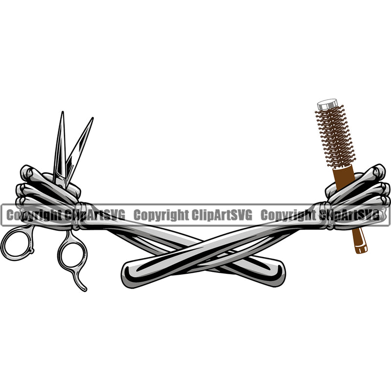 Barber Shop Barbershop Skull Skeleton Hand Holding Hair Cut Hairdresser Haircut Hairstyle Hairstylist Beauty Salon Beard Shave Shaving Groom Grooming Design Element Retro Vintage Business Company Logo Clipart SVG