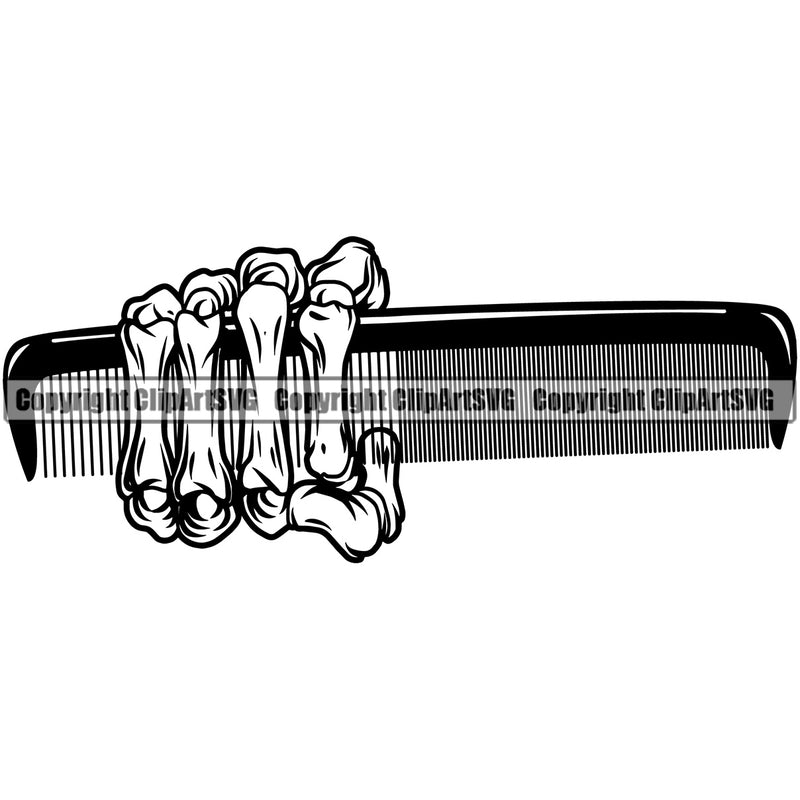 Barber Skeleton Hand Holding Barbershop Hair Cut Hairdresser Haircut Hairstylist Beauty Salon Beard Shave Shaving Groom Design Element Retro Vintage Business Company Logo Clipart SVG
