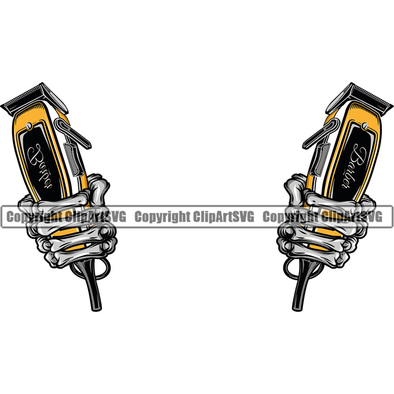 Barber Skeleton Hand Holding Clippers Color  Barbershop Hair Cut Hairdresser Haircut Hairstyle Hairstylist Beauty Salon Beard Shave Shaving Groom Grooming Design Element Retro Vintage Business Company Logo Clipart SVG