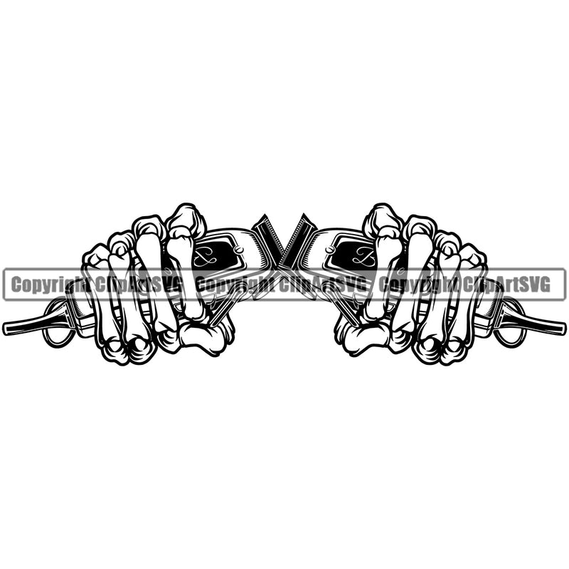 Barber Shop Skeleton Hands Holding Clippers Scissors Razor Barbershop Hair Cut Hairdresser Haircut Hairstyle Hairstylist Beauty Salon Beard Shave Shaving Groom Grooming Design Element Retro Vintage Business Company Logo Clipart SVG